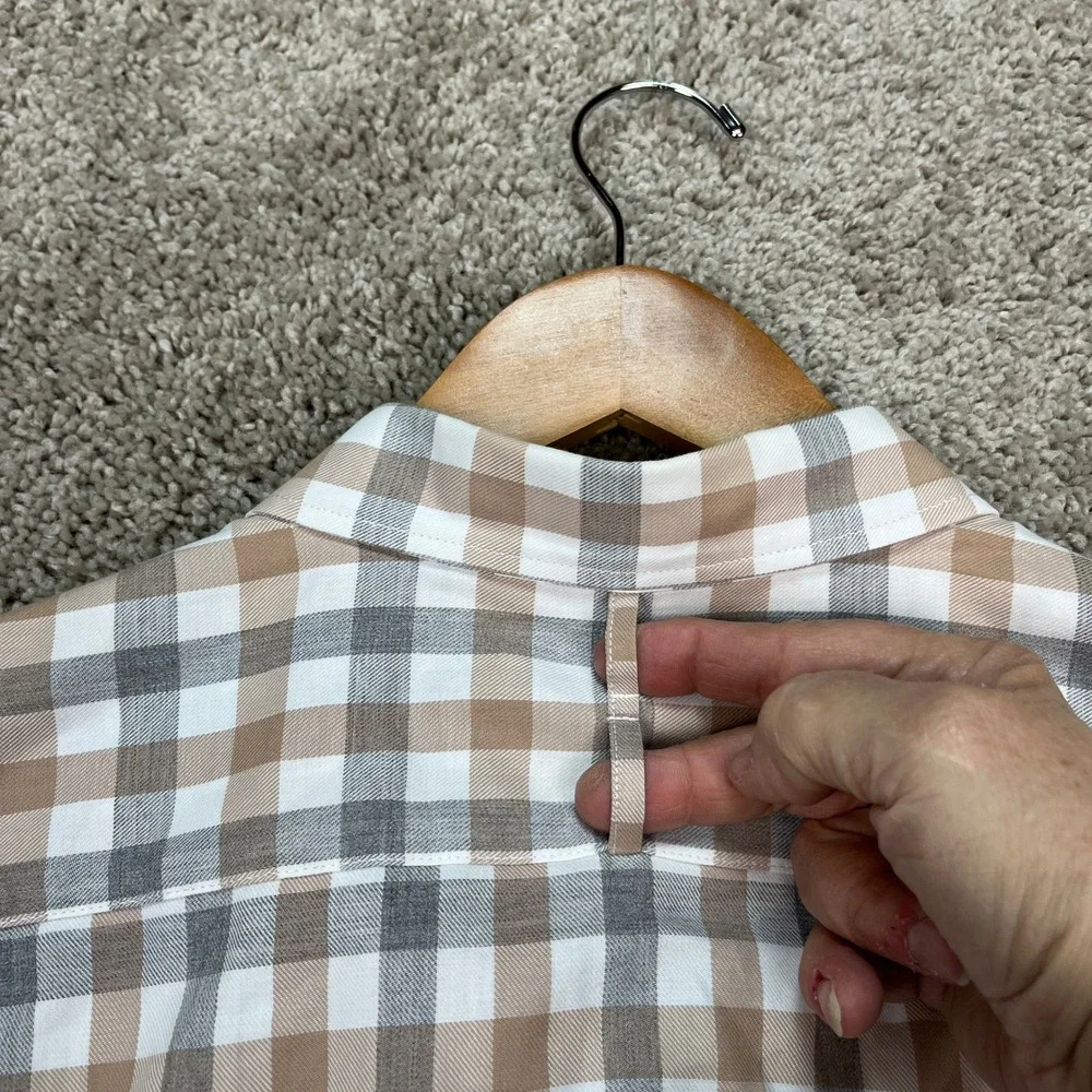 Banana Republic Button Down Shirt Men Large Tan Gray Gingham‎ Flannel Slim Fit